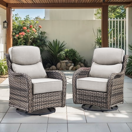 OPOHORO High Back Outdoor Swivel Patio Chairs Set of 2, 6-Inch Thick Cushions Outdoor Gray Wicker Swivel Glider Rocking Chairs for Porch Deck - Beige