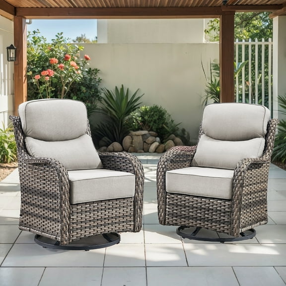 OPOHORO High Back Outdoor Swivel Patio Chairs Set of 2, 6-Inch Thick Cushions Outdoor Gray Wicker Swivel Glider Rocking Chairs for Porch Deck - Beige