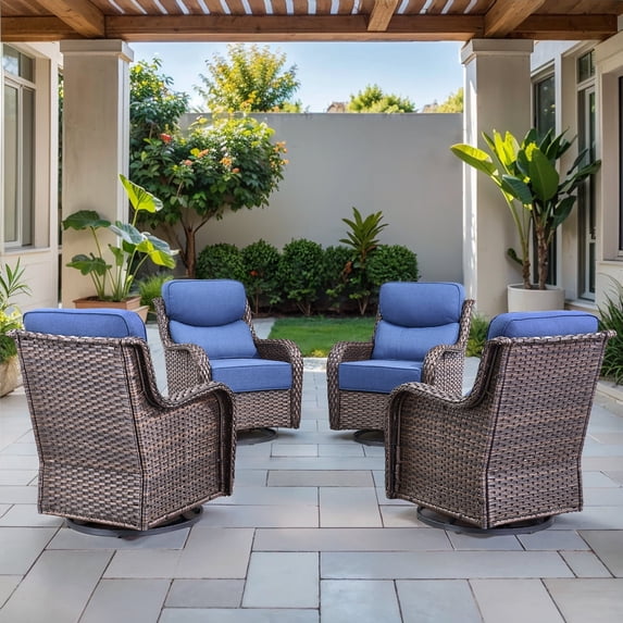 Opohoro Outdoor Swivel Rocker Patio Chairs Set of 4, with 6 inch Thick Cushions, High Back Wicker Outdoor Patio Furniture Set for for Porch Garden Balcony