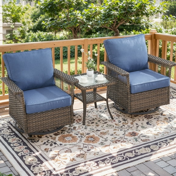 OPOHORO High Back Outdoor Swivel Rocker Patio Chairs Set of 2, with 5-Inch Wide Armrest and Side Table, Brown Wicker Furniture Ideal for Porch, Poolside, Deck, and Yard in Blue