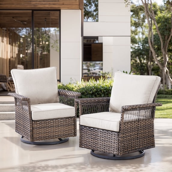 OPOHORO 2 Piece Wicker Patio Chairs with 5-Inch Wide Armrest and Thick Cushion, Brown/Beige