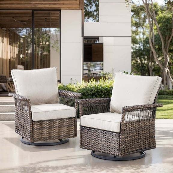 OPOHORO 2 Piece Wicker Patio Chairs with 5-Inch Wide Armrest and Thick Cushion, Brown/Beige