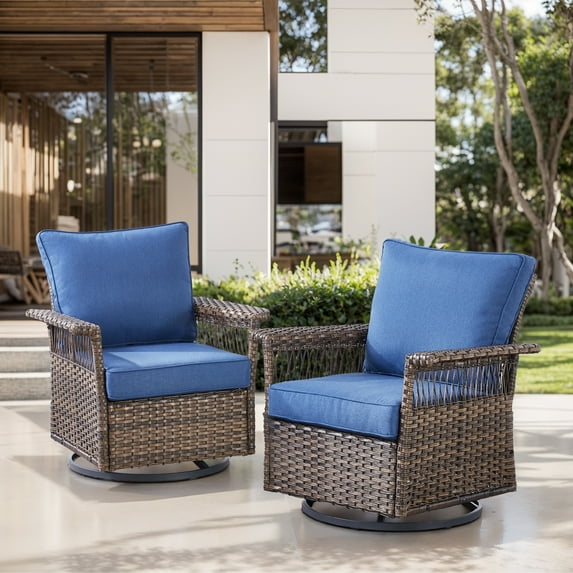 OPOHORO High Back Outdoor Swivel Rocker Patio Chairs Set of 2, with 5-Inch Wide Armrest and Thick Cushion, Brown Wicker Furniture Ideal for Porch, Poolside, Deck, and Yard in Blue