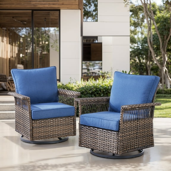 OPOHORO High Back Outdoor Swivel Rocker Patio Chairs Set of 2, with 5-Inch Wide Armrest and Thick Cushion, Brown Wicker Furniture Ideal for Porch, Poolside, Deck, and Yard in Blue
