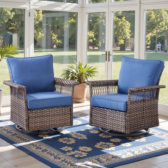 Opohoro Patio Swivel Rocker Chairs Set of 2, All-Weather PE Wicker Outdoor Conversation Chairs with High Back, Olefin Cushions & Wide Armrests for Porch, Deck, Balcony & Garden