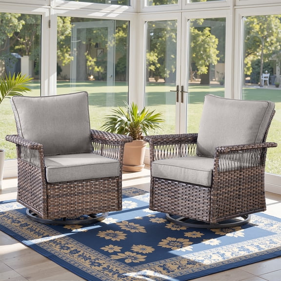 Opohoro Patio Swivel Rocker Chairs Set of 2, All-Weather PE Wicker Outdoor Conversation Chairs with High Back, Olefin Cushions & Wide Armrests for Porch, Deck, Balcony & Garden