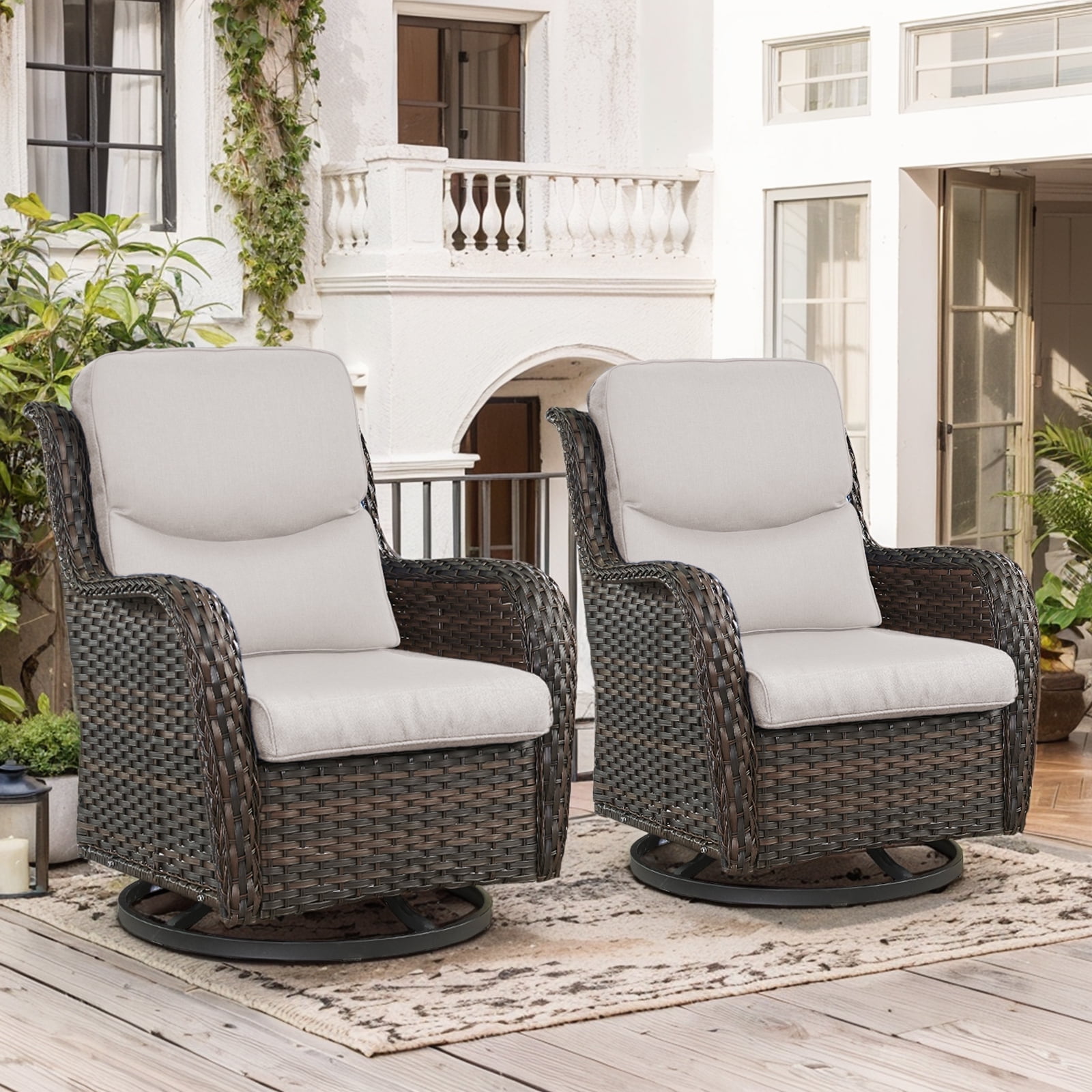 OPOHORO High Back Patio Swivel Glider Chairs Set of 2, All Weather Outdoor Brown Wicker Swivel Glider Rocking Chairs for Porch Deck with Thick Cushion in Beige