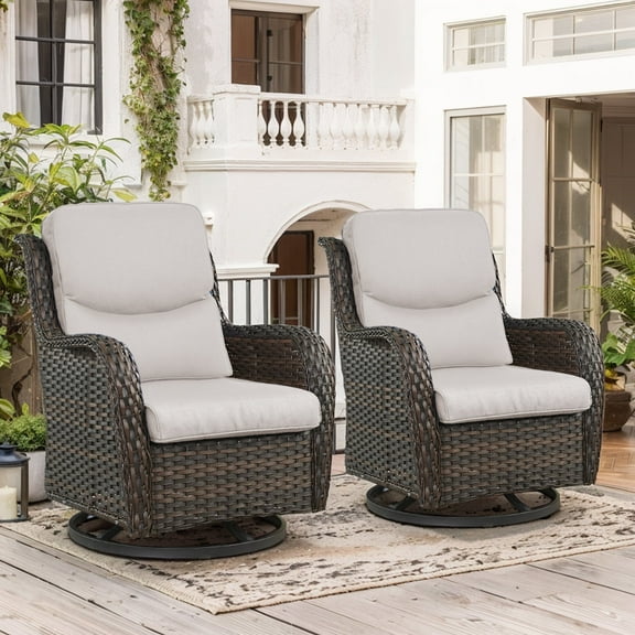 OPOHORO High Back Patio Swivel Glider Chairs Set of 2, All Weather Outdoor Brown Wicker Swivel Glider Rocking Chairs for Porch Deck with Thick Cushion in Beige