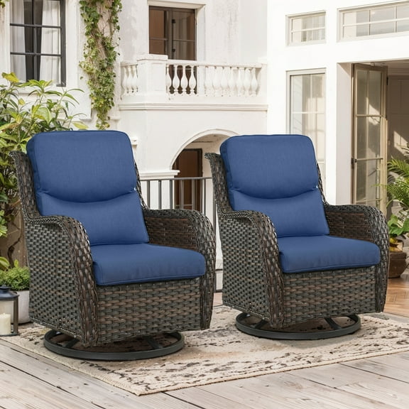 OPOHORO High Back Patio Swivel Glider Chairs Set of 2, All Weather Outdoor Brown Wicker Swivel Glider Rocking Chairs for Porch Deck with Thick Cushion in Blue