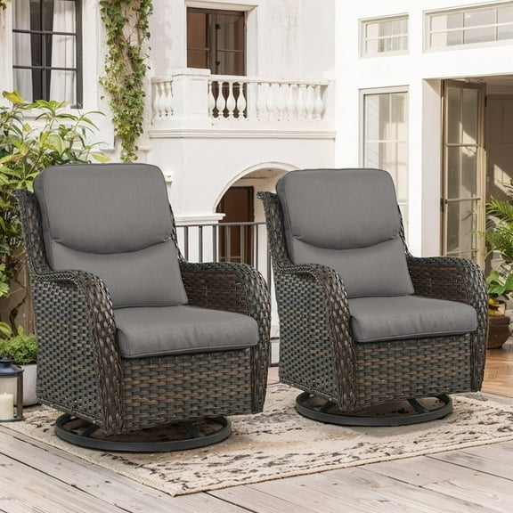 OPOHORO High Back Patio Swivel Glider Chairs Set of 2, All Weather Outdoor Brown Wicker Swivel Glider Rocking Chairs for Porch Deck with Thick Cushion in Gray