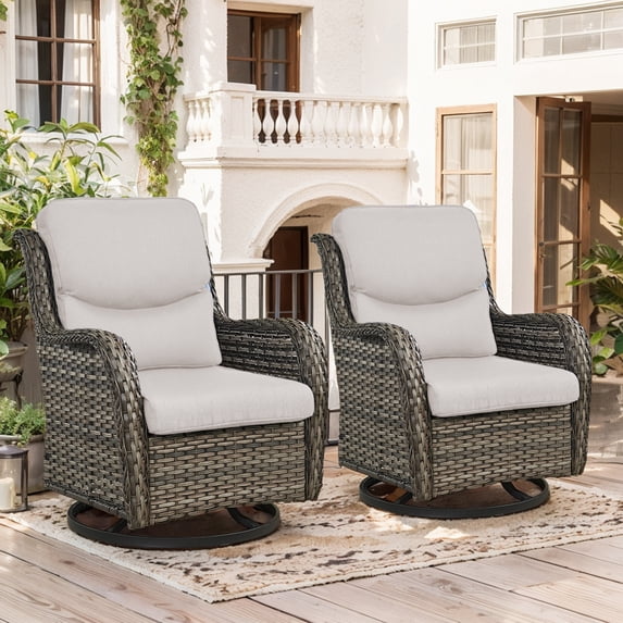 OPOHORO High Back Patio Swivel Glider Chairs Set of 2, All Weather Outdoor Gray Wicker Swivel Glider Rocking Chairs for Porch Deck with Thick Cushion in Beige