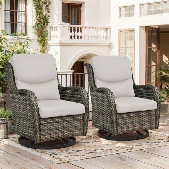 OPOHORO High Back Patio Swivel Glider Chairs Set of 2, All Weather Outdoor Gray Wicker Swivel Glider Rocking Chairs for Porch Deck with Thick Cushion in Beige
