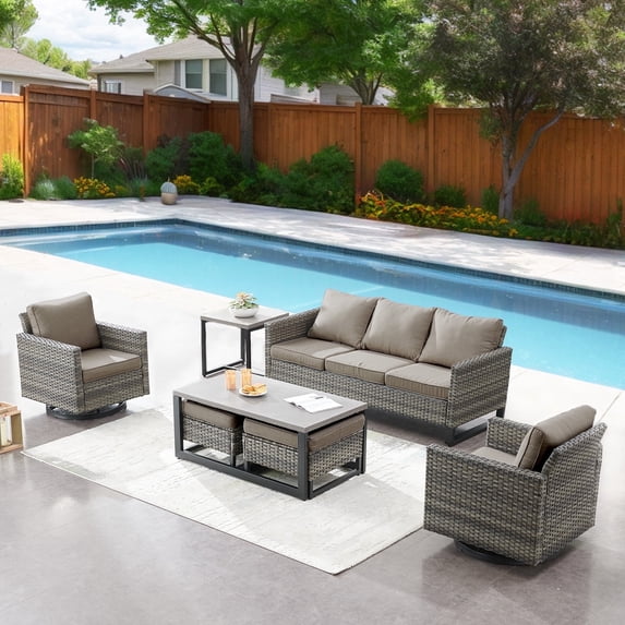 Opohoro 7 Pieces Patio Furniture Set, Outdoor Sectional Conversation Set with Swivel Rocking Chairs, Sofa, Coffee Table, Side Table & Ottomans, Gray Wicker with Gray Cushions