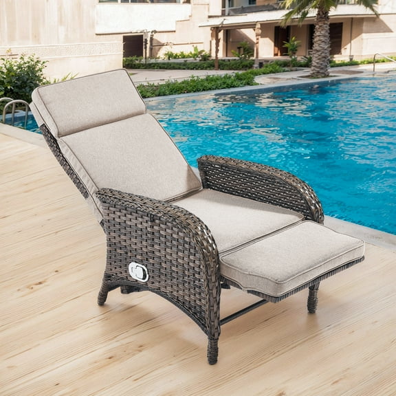 OPOHORO Outdoor Recliner Chair, Adjustable Reclining Patio Chair with Cushion, Wicker Outdoor Chaise Lounge with Adjustable Backrest and Footrest, Ideal for Pool Deck, Beige