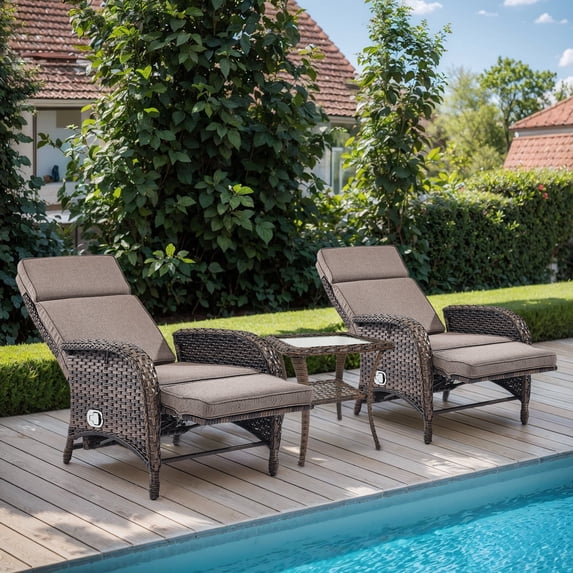 OPOHORO Outdoor Recliner Chairs Set of 2 with Side Table, Adjustable Reclining Patio Chair with Cushion, Wicker Outdoor Chaise Lounge with Adjustable Backrest and Footrest, Ideal for Pool Deck, Gray