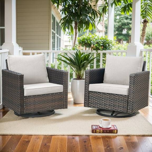 OPOHORO Outdoor Swivel Chair Set of 2 - 360° Swivel Rocking Patio Chairs with All-Weather PE Wicker Steel Frame, Modern Square Armrests for Porch, Balcony - Brown Wicker and Beige Cushion