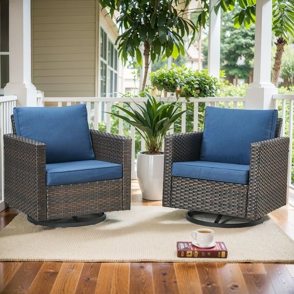 OPOHORO Outdoor Swivel Chair Set of 2 - 360° Swivel Rocking Patio Chairs with All-Weather PE Wicker Steel Frame, Modern Square Armrests for Porch, Balcony - Brown Wicker and Blue Cushion