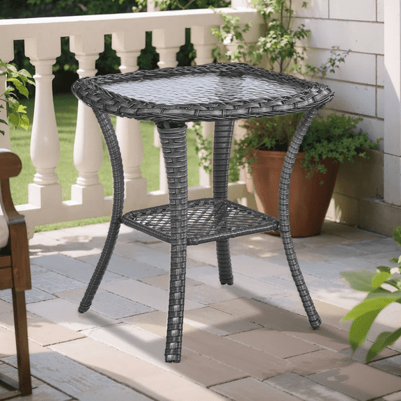 OPOHORO Outdoor Wicker Side Table,22x20x20 inch All Weather Rattan Small Patio Table Square End Table for Pool Balcony Deck Porch Lawn Backyard, Gray