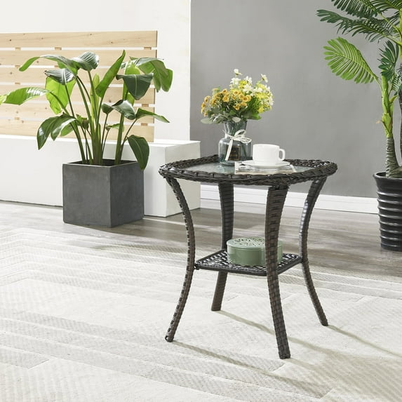 OPOHORO Outdoor Wicker Side Table,22x20x20 inch All Weather Rattan Small Patio Table Square End Table for Pool Balcony Deck Porch Lawn Backyard, Brown