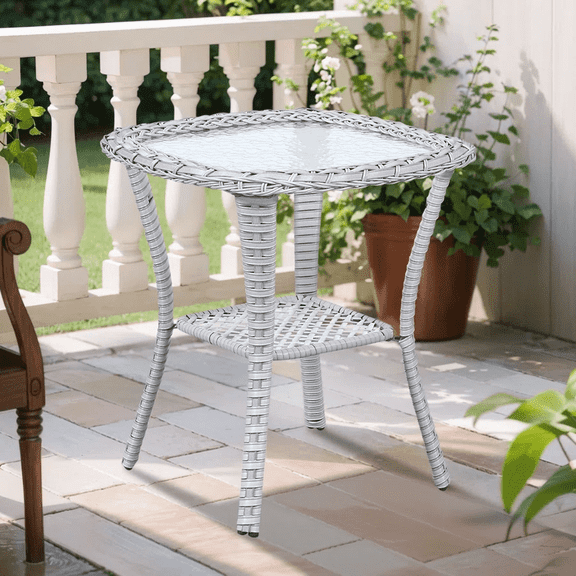 OPOHORO Outdoor Wicker Side Table,22x20x20 inch All Weather Rattan Small Patio Table Square End Table for Pool Balcony Deck Porch Lawn Backyard, Light Gray