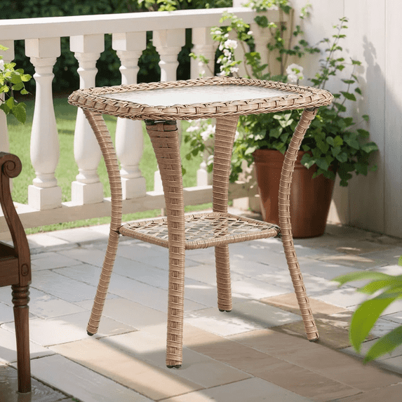 OPOHORO Outdoor Wicker Side Table,22x20x20 inch All Weather Rattan Small Patio Table Square End Table for Pool Balcony Deck Porch Lawn Backyard, Yellow