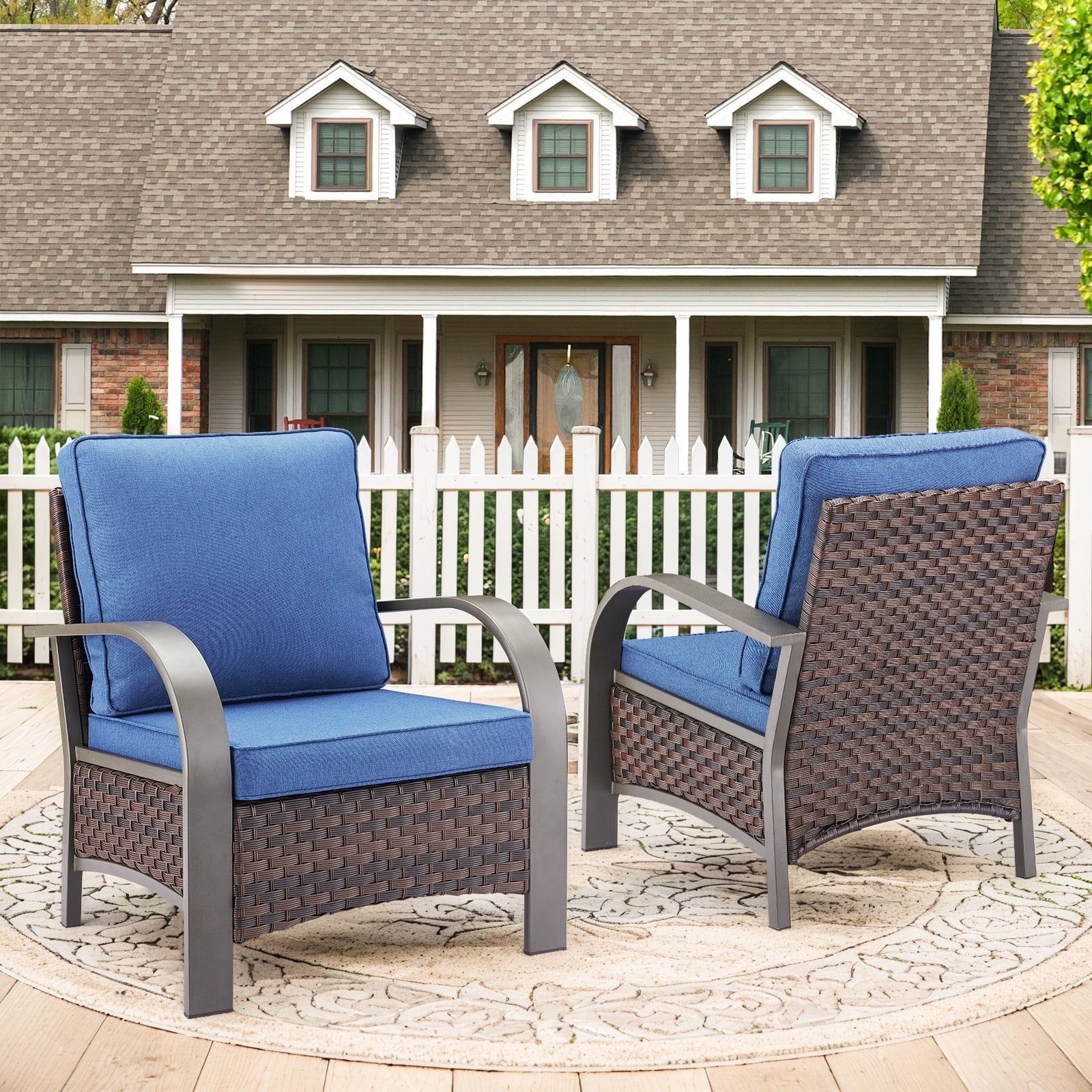 OPOHORO Patio Furniture Chairs Outdoor Wicker Chairs of 2, High Back Brown Rattan Wicker Chairs with Blue Cushions for Deck Porch Balcony Backyard Garden