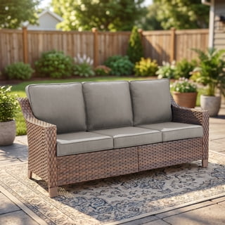 OPOHORO Patio Sofa, All-Weather Wicker Outdoor Conversation Sofa with High Back, Olefin Cushions & Wide Armrests for Porch, Patio, Deck & Garden