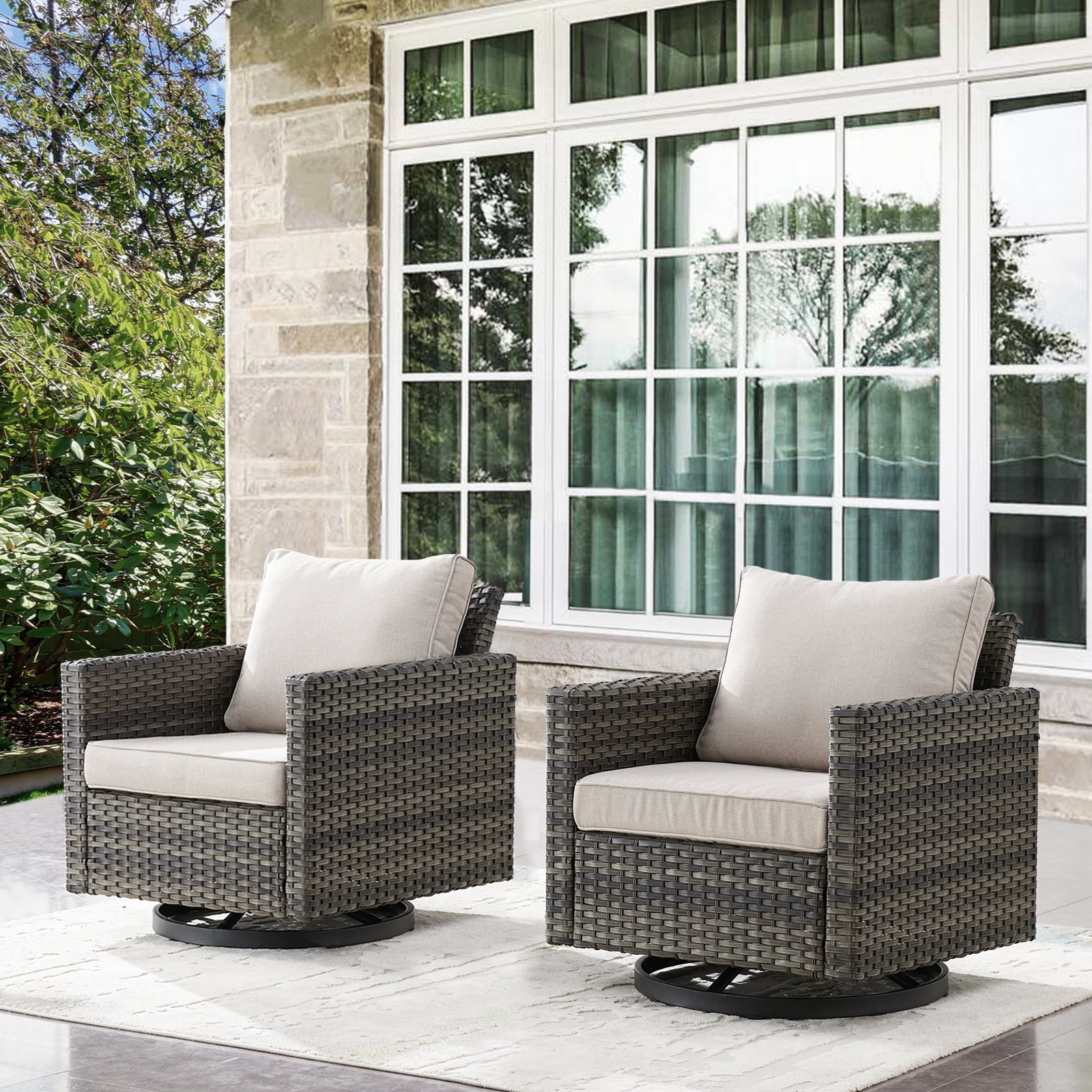 Gray Wicker Outdoor Rocking Armchair with Beige Cushions