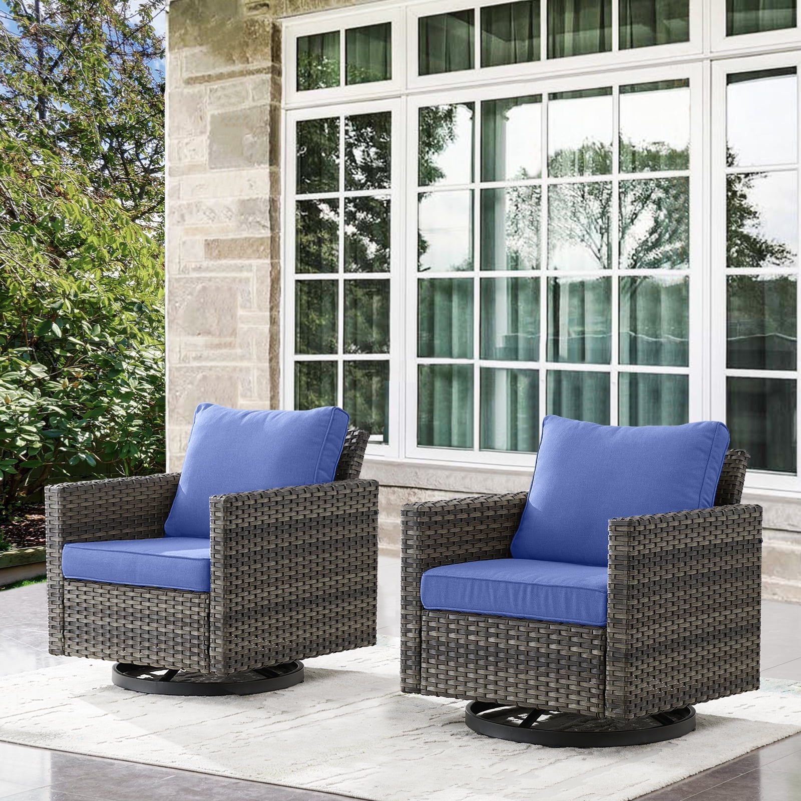 Gray Wicker Outdoor Swivel Rocking Armchairs with Blue Cushions
