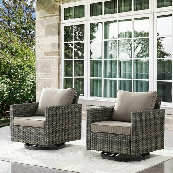 Opohoro Set of 2 Outdoor Swivel Rocker Patio Chairs, Square Armrest Wicker Swivel Chairs with Cushions for Porch, Deck, Poolside & Yard, Gray Wicker Gray Cushions