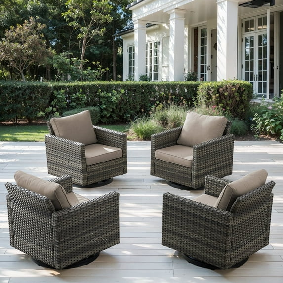 OPOHORO Square Armrest Outdoor Swivel Rocker Patio Chairs Set of 4, Gray Wicker Furniture Swivel Patio Chairs Ideal for Porch, Poolside, Deck, and Yard in Gray