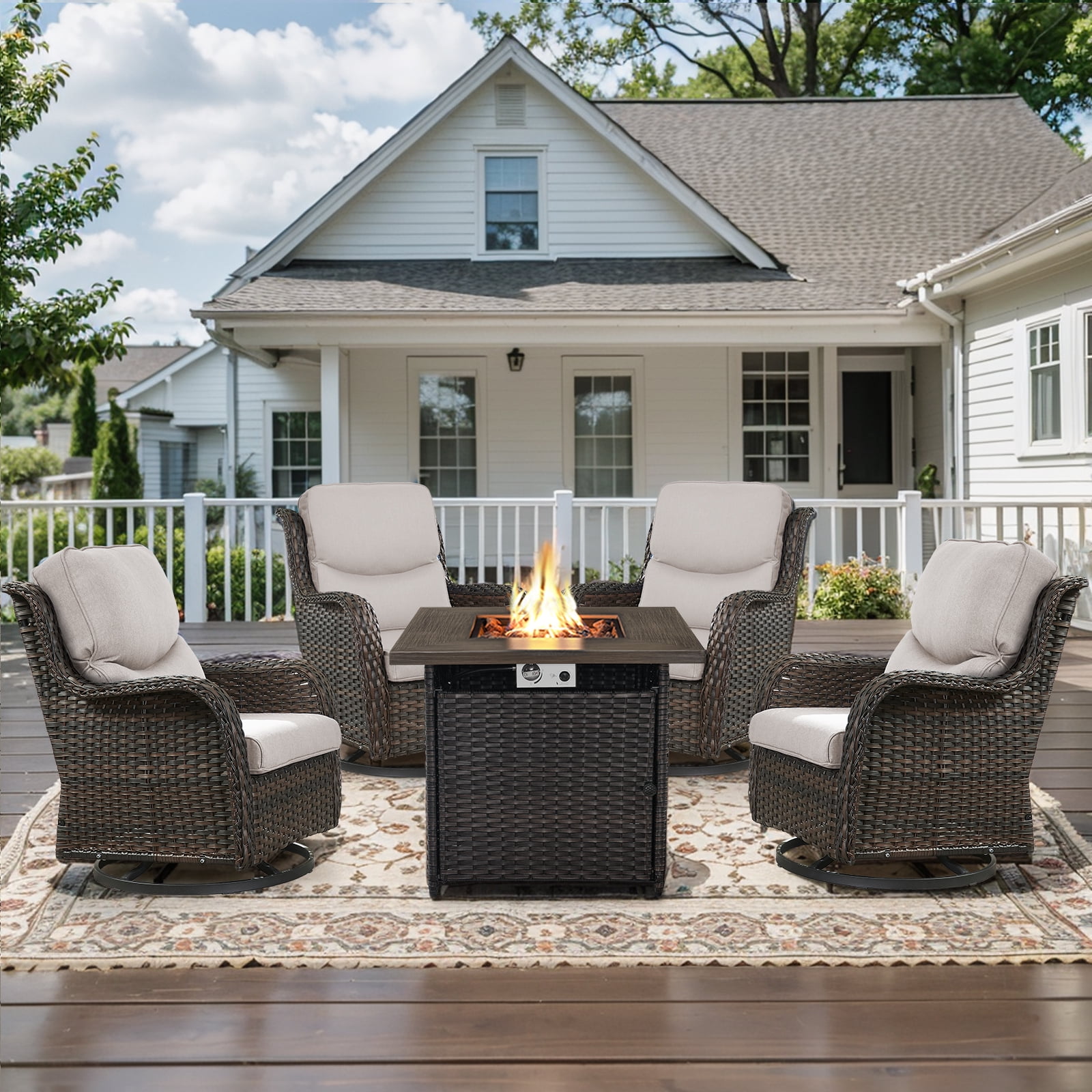 OPOHORO Swivel Outdoor Chair Set of 4 with 30" Propane Fire Pit Table, Patio Furniture Set with Firepit Brown Wicker High Back Patio Swivel Chairs for Garden Balcony Porch - Brown/Beige