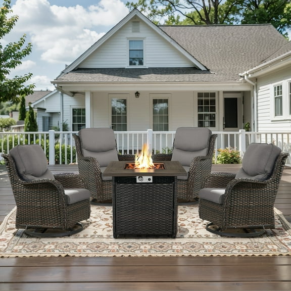 OPOHORO Swivel Outdoor Chair Set of 4 with 30" Propane Fire Pit Table, Patio Furniture Set with Firepit Brown Wicker High Back Patio Swivel Chairs for Garden Balcony Porch - Brown/Gray