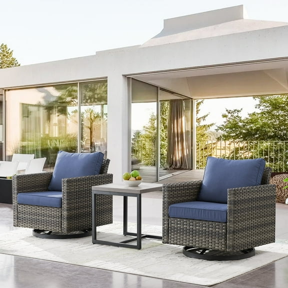 OPOHORO Swivel Outdoor Chairs Set of 2, with Meatl Square Side Table, 3 Pieces Gray Wicker Furniture Set Ideal for Porch, Poolside, Deck, and Yard in Blue