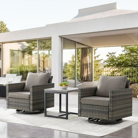 OPOHORO Swivel Outdoor Chairs Set of 2, with Meatl Square Side Table, 3 Pieces Gray Wicker Furniture Set Ideal for Porch, Poolside, Deck, and Yard in Gray