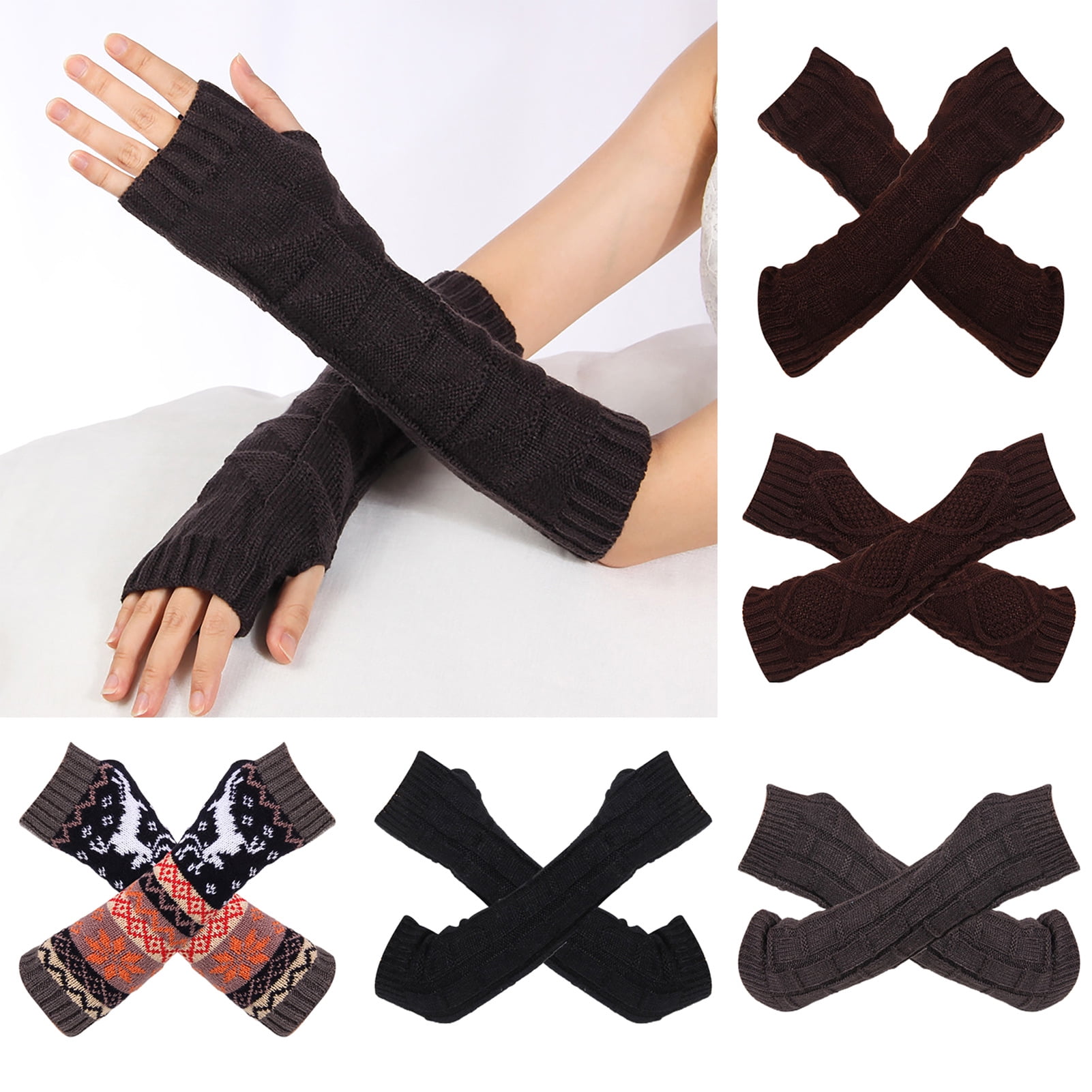 OPOLSKI 1 Pair Finger Gloves Long Sleeve Keep Warmth Knitted Fabric Thumb  Holes Women Gloves for Outdoor