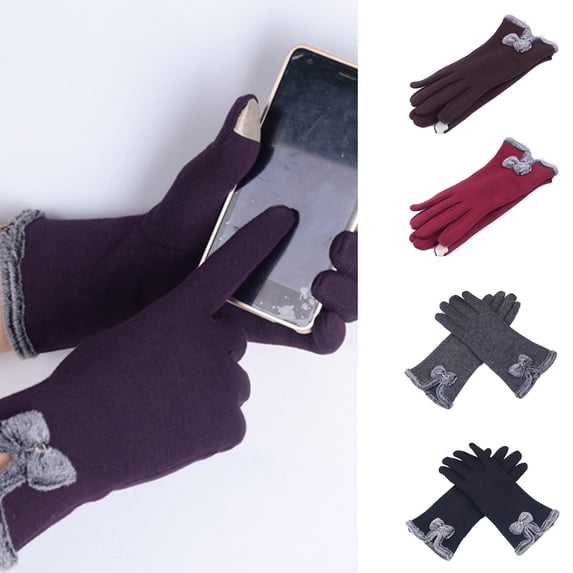 OPOLSKI 1 Pair Women Gloves Plush Bow Autumn Winter Warm Windproof Gloves for Wedding