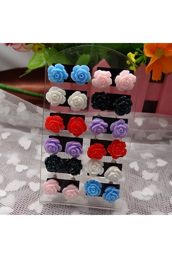 12 Pairs Rose Flower Mixed Color Flower Ear Stud Earring Sent Randomly