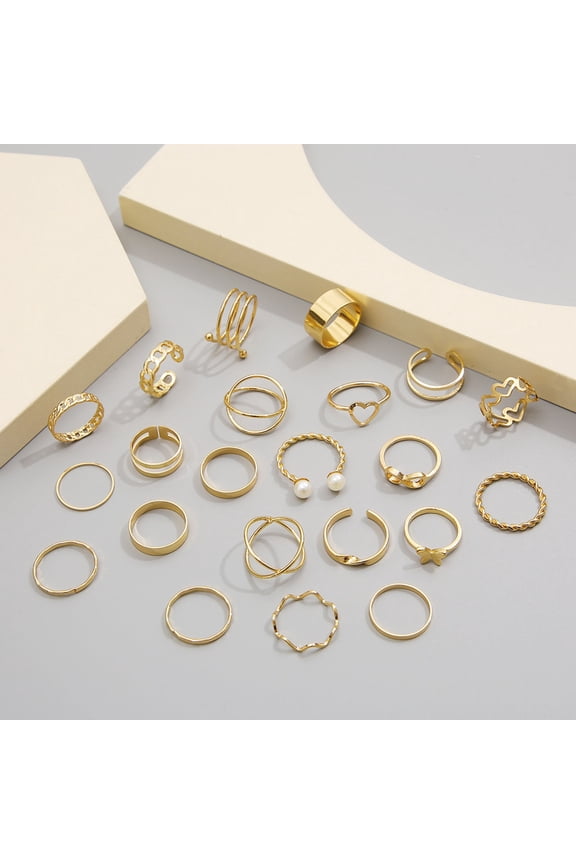 22Pcs/Set Rings High Gloss Polished Hypoallergenic Assorted Alloy Fashion Jewelry Hollow Love Heart Finger Opening Rings Golden