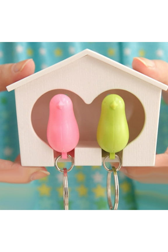 2Pcs Bird Keychain + 1Pc Sparrow Birdhouse Home Wall Mount Key Ring Pink Green