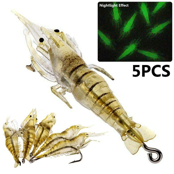 OPOLSKI 4.5cm PVC Glow Bead Soft Shrimp Fishing Lures for Freshwater & Saltwater, 5-Count