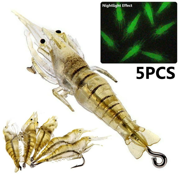 OPOLSKI 4.5cm PVC Glow Bead Soft Shrimp Fishing Lures for Freshwater & Saltwater, 5-Count