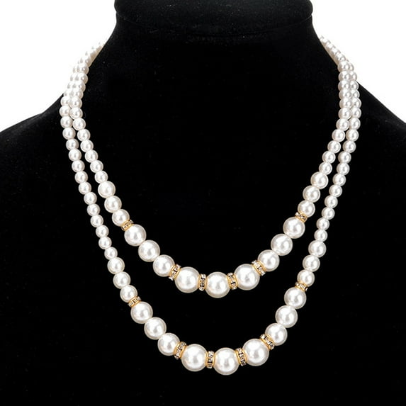OPOLSKI Adjustable Double-Layer Luxury Faux Pearl Beads Necklace Silver