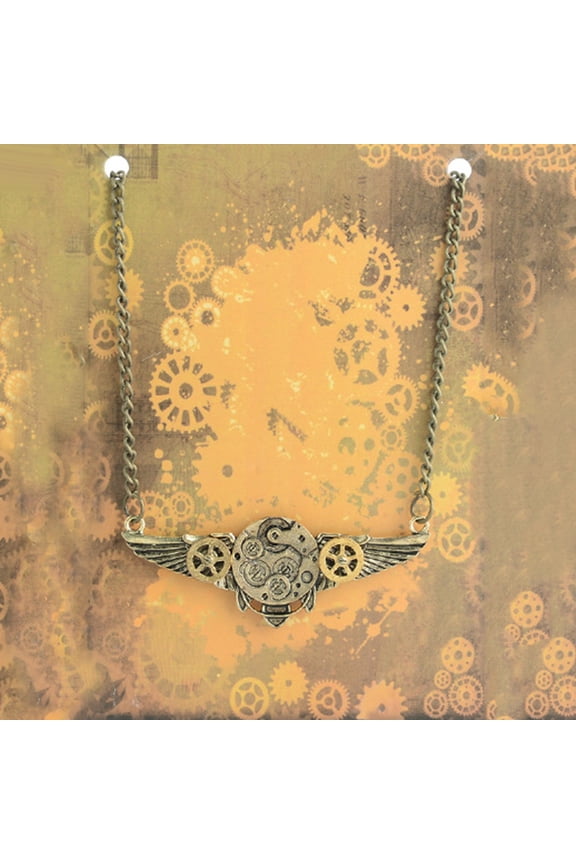 Antique Angle Wings Gears Pendant Long Chain Necklace A