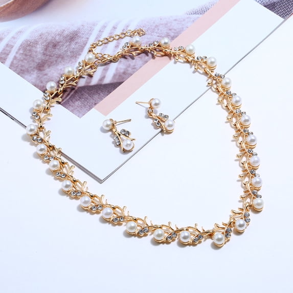 OPOLSKI Elegant Faux Pearl Rhinestone Necklace Earrings Bracelet Bridal Necklace + Earrings