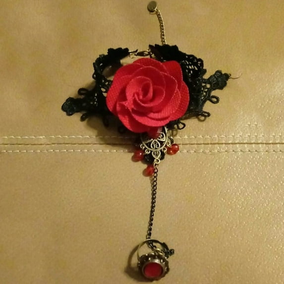 OPOLSKI Elegant Gothic Style Lace Rose Flower Bracelet with Adjustable Finger Ring Red