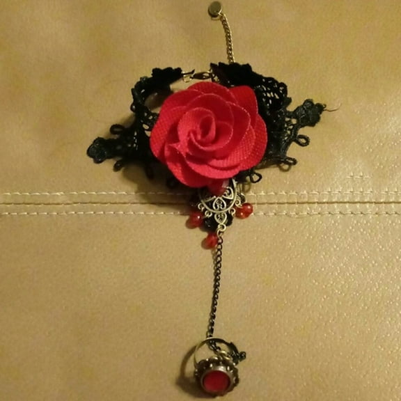 OPOLSKI Elegant Gothic Style Lace Rose Flower Bracelet with Adjustable Finger Ring Red