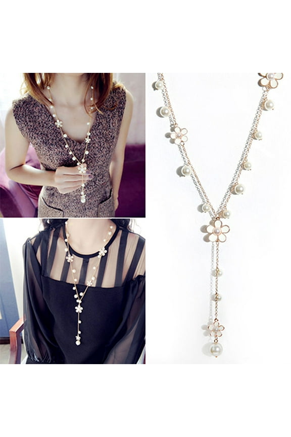 Fashion Korean Style Faux Pearl Flowers Long Necklace Sweater Chain White