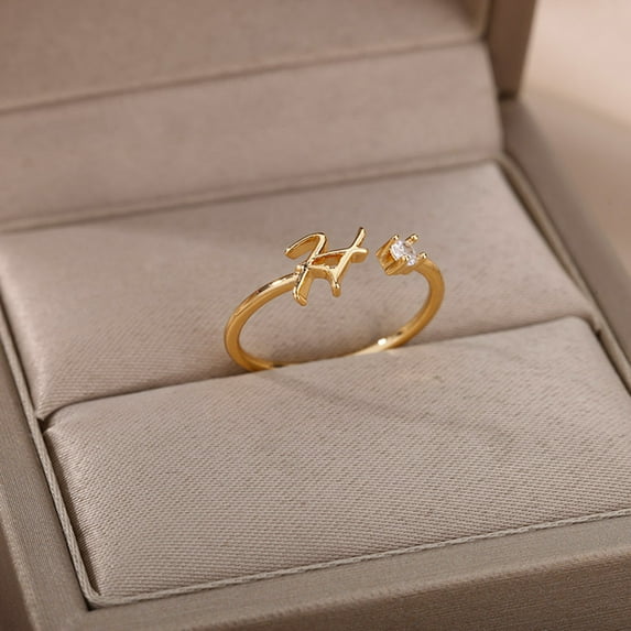 OPOLSKI Finger Ring Adjustable Electroplating Smooth Rhinestone Geometric Dress Up Rhinestone Alphabet 26 Letter Ring Golden Y