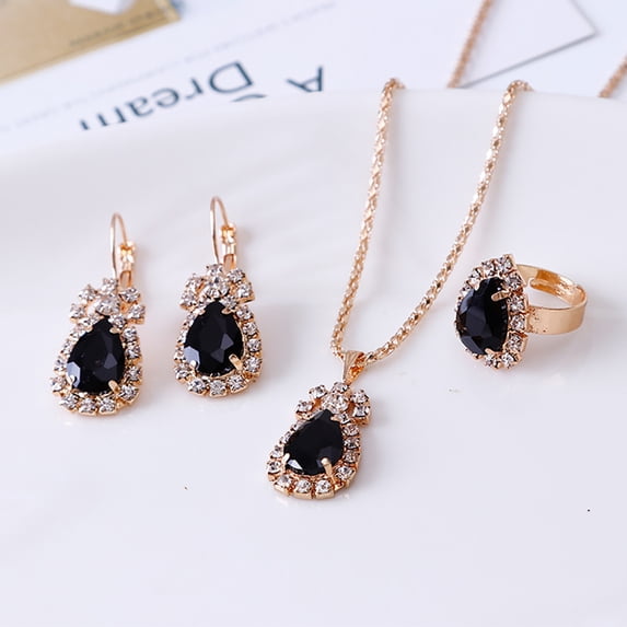 OPOLSKI Jewelry Set Eye-catching Easy Matching Women Waterdrop Shiny Rhinestone Necklace Ring Earrings Black